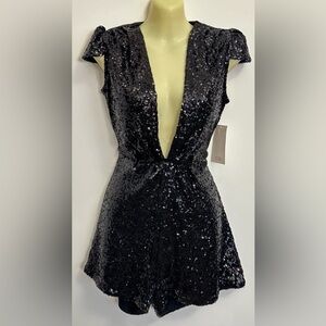 NWT TOBI Plunging Neckline Black Sequin Capsleeve Romper size S